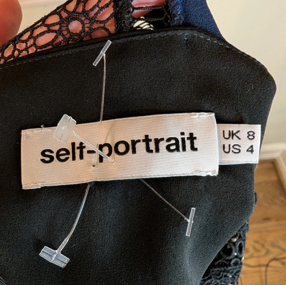 Self Portrait London Georgette And Guipure Lace Blouse Navy Size 4 - Picture 7 of 9